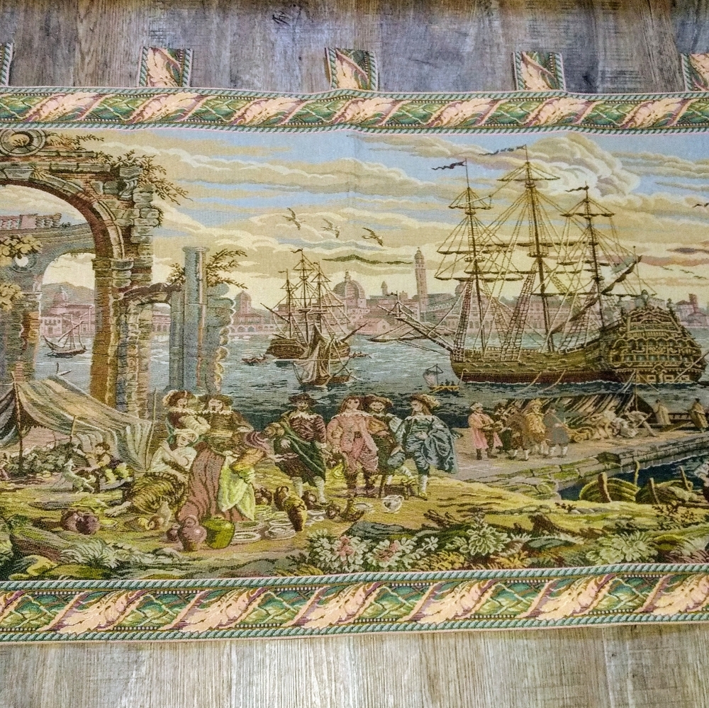Large Wall Tapestry Gold Rope Tassel Ship Colonial